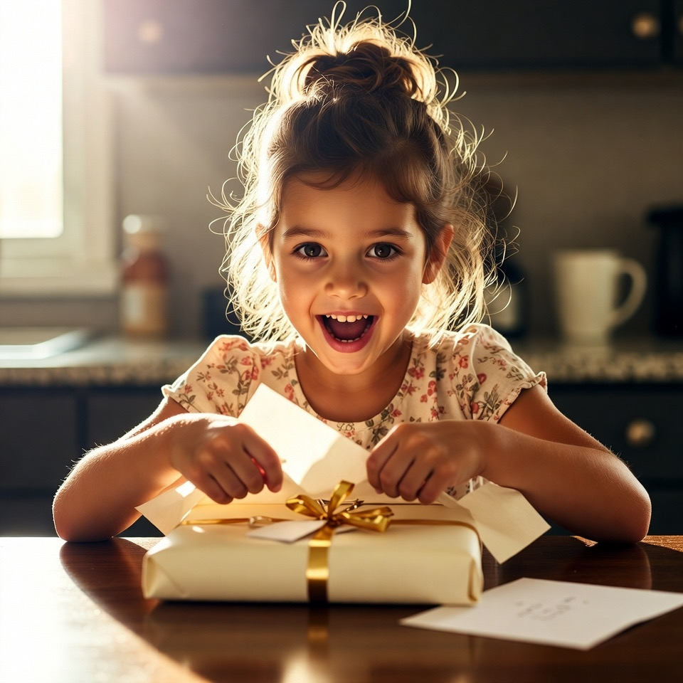 Child joyfully opening a birthday gift